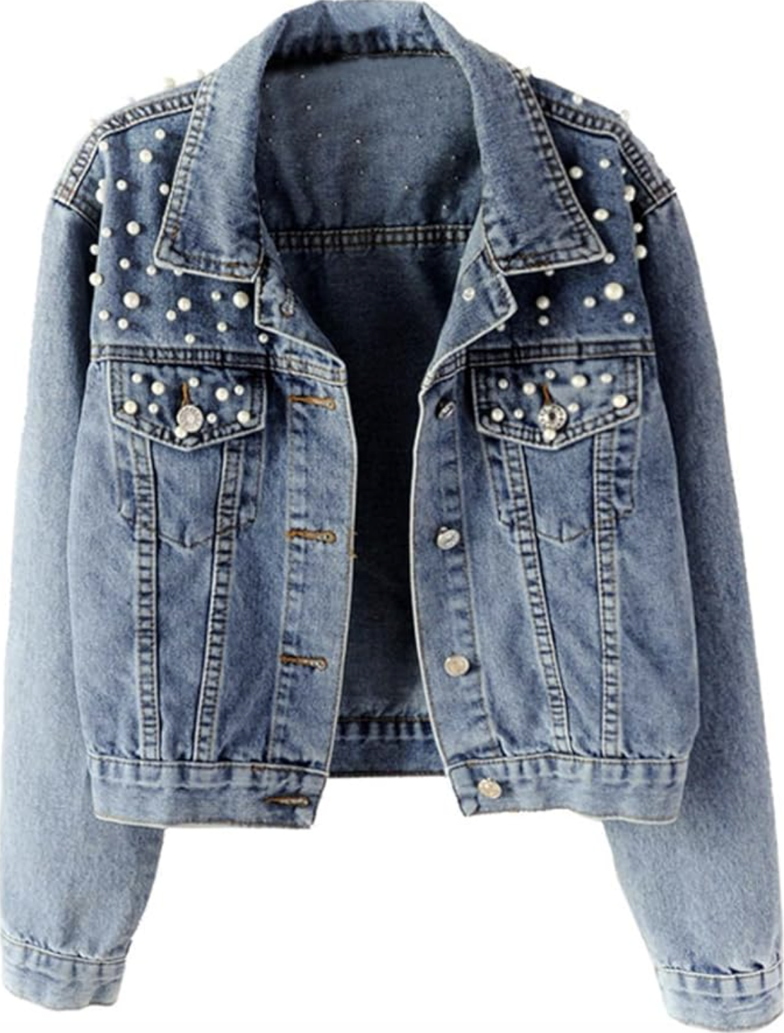 A light wash cropped denim jacket with pearl embroidery on the shoulders, shown as an option for what to wear with a spaghetti strap dress.