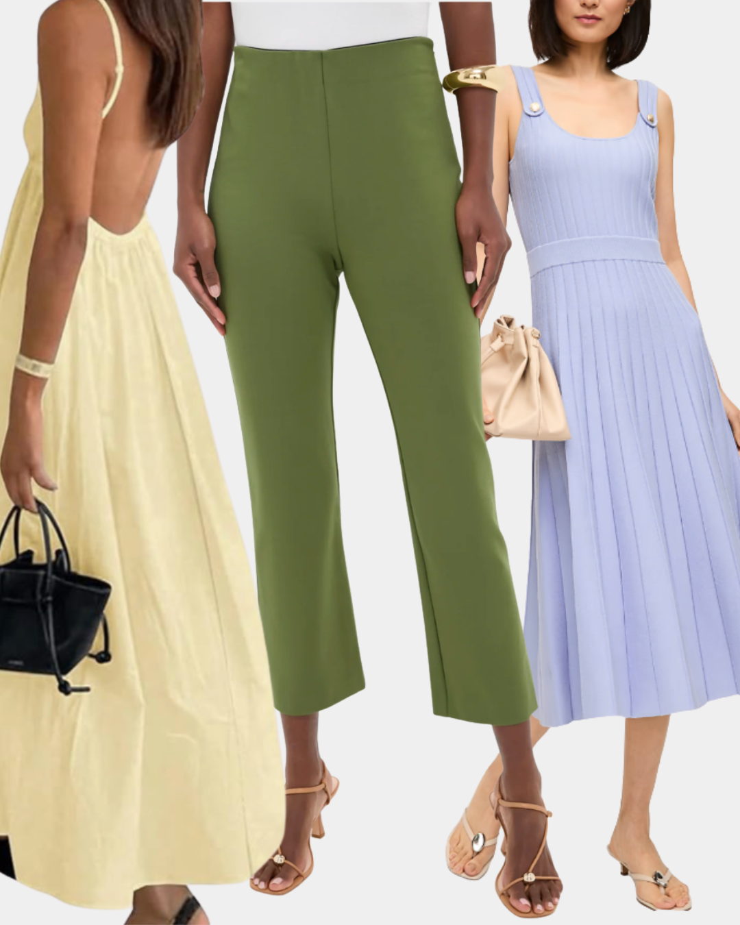 Three summer outfits for petite women designed to look taller, featuring a yellow halter maxi dress, olive green cropped trousers, and a blue midi sundress.