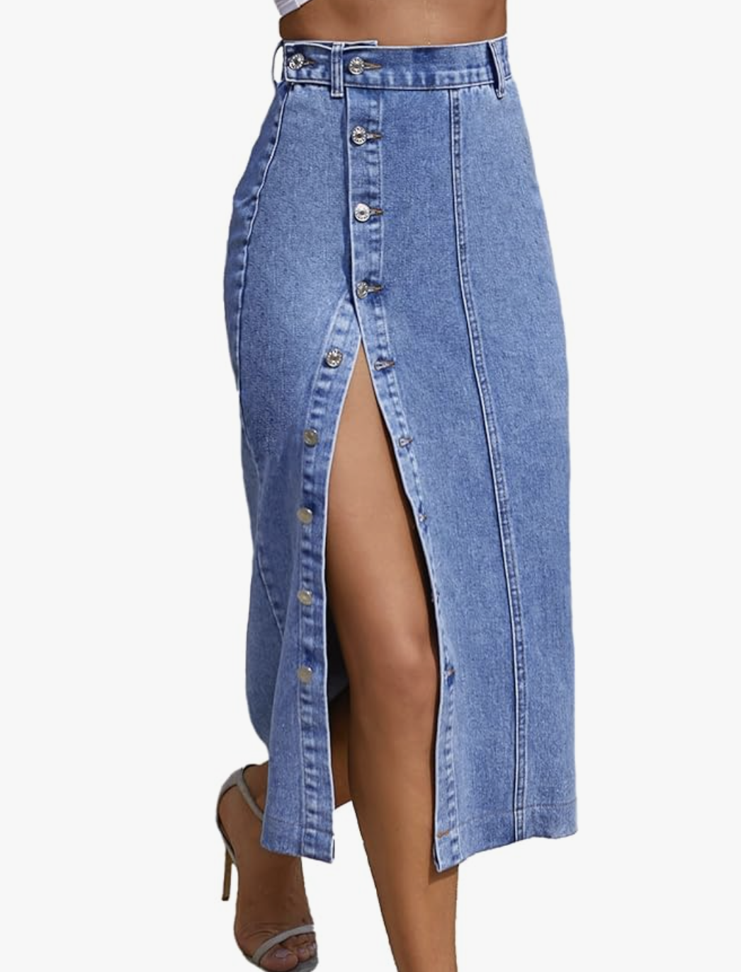 A blue button front split denim midi skirt from Amazon, styled with a bodysuit to create a vertical line and flatter a big belly.