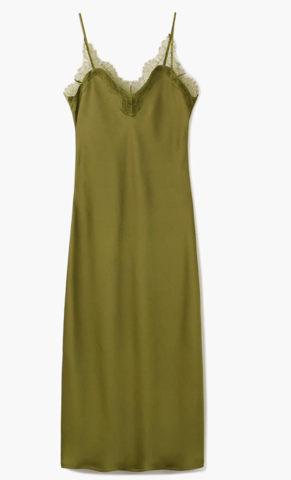A product view of a fluid olive green satin midi slip dress featuring a delicate lace-trimmed V-neckline and slim spaghetti straps.