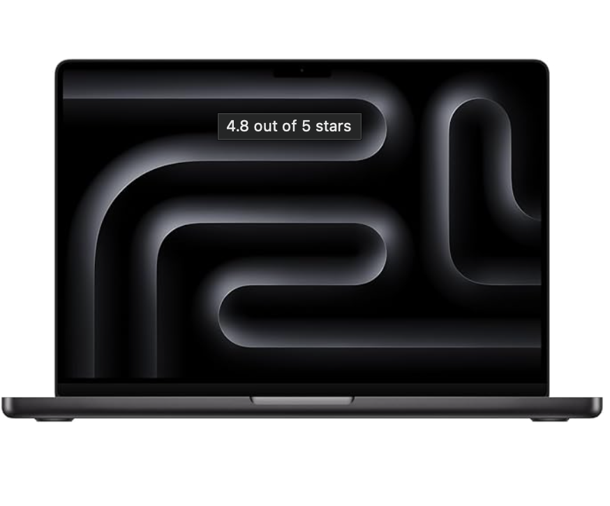 Apple 14-inch MacBook Pro in Space Black shown open with a dark geometric desktop wallpaper on screen.