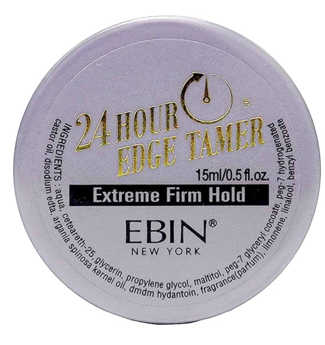 A small circular jar of EBIN NEW YORK 24 Hour Edge Tamer in Extreme Firm Hold with a purple and silver label.