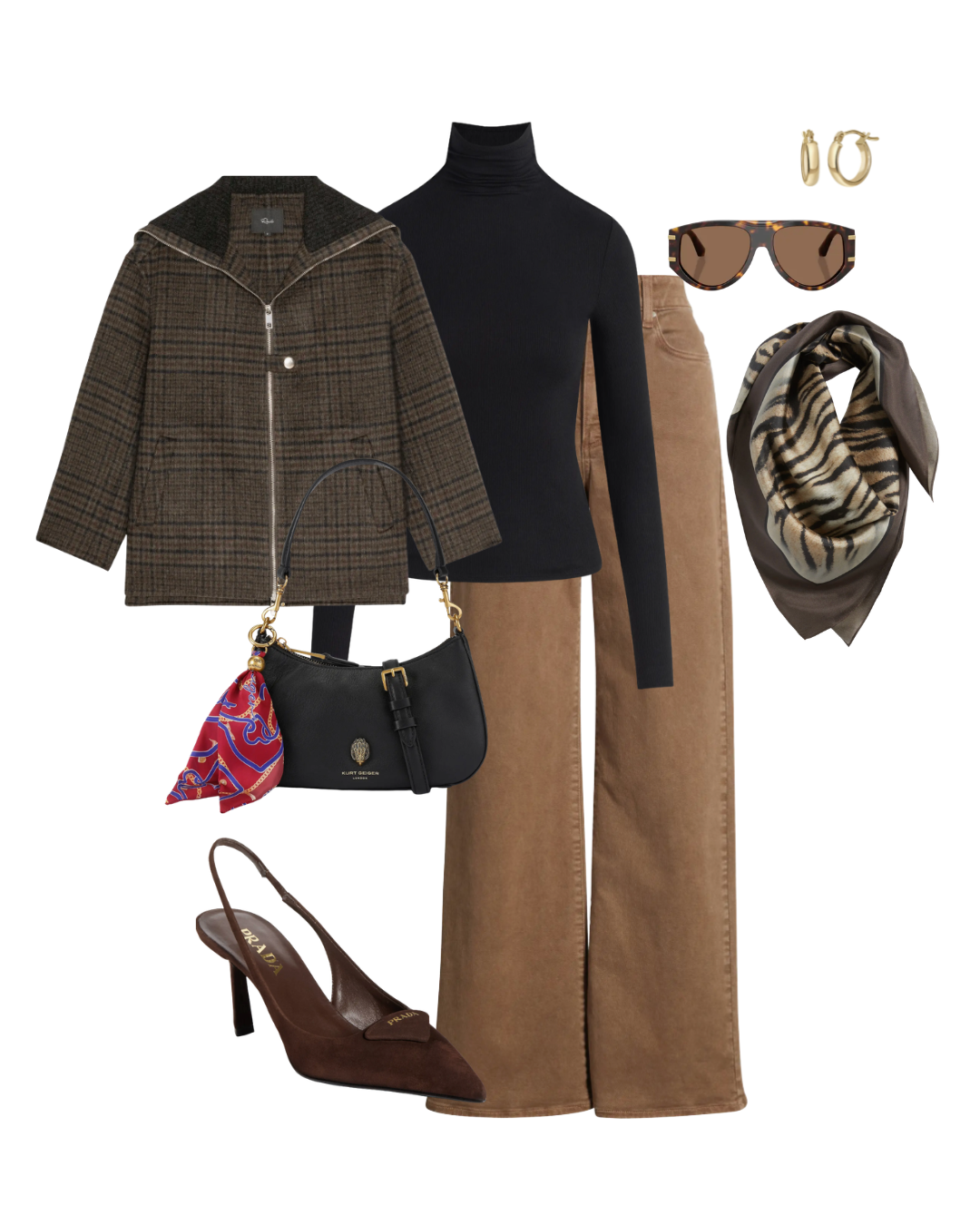 Espresso brown jeans with a black turtleneck and gold jewelry