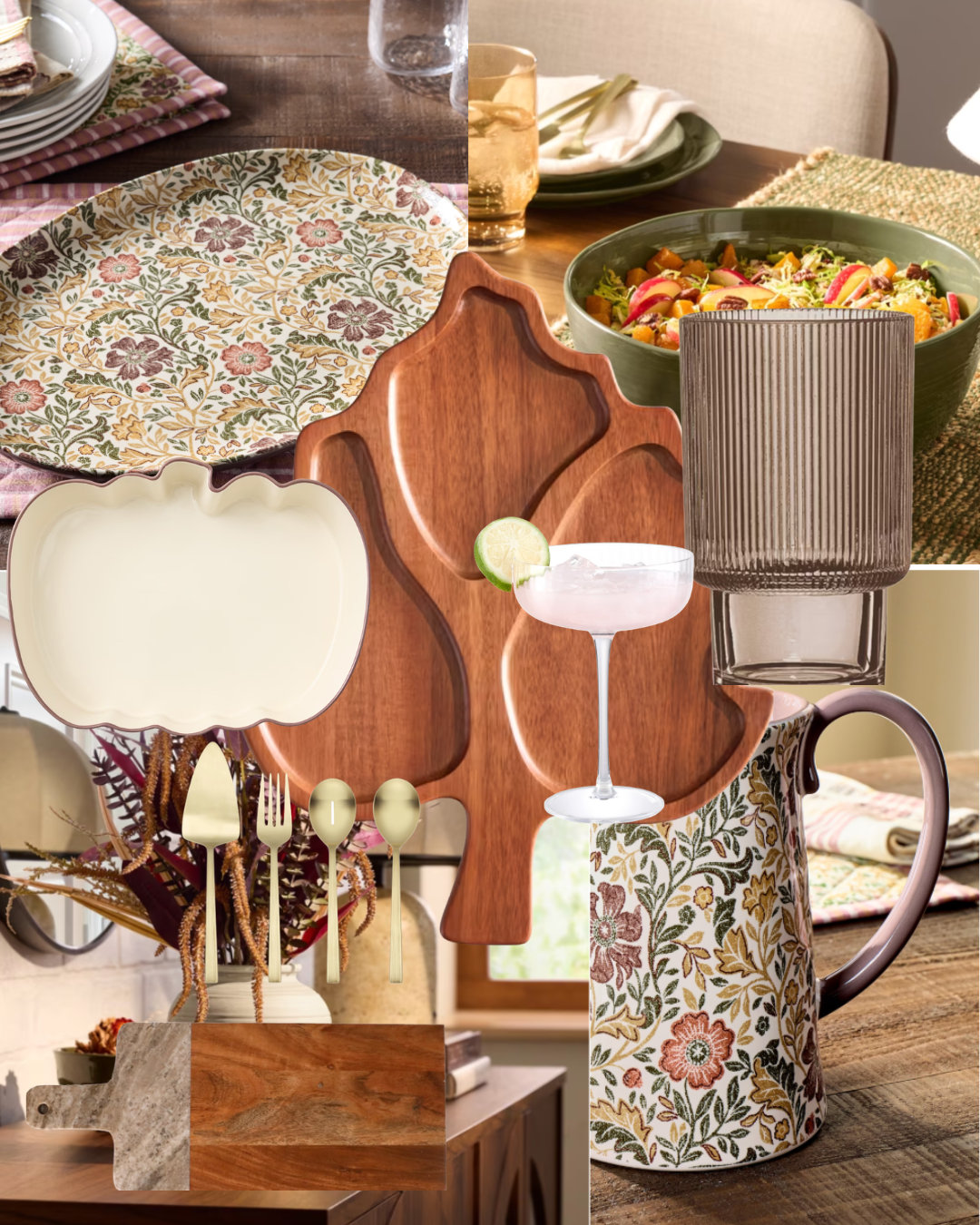 Cozy Friendsgiving table set with green stoneware plates, plaid linens, fall flowers and wooden serving pieces
