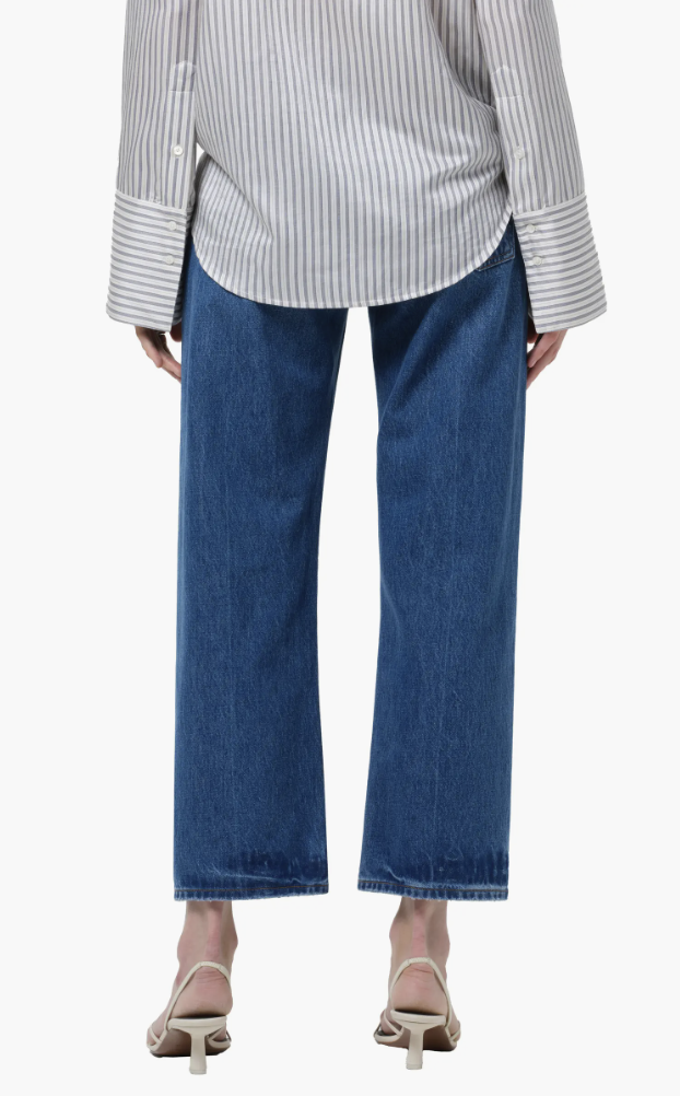 Rear and side view of Citizens of Humanity Sid straight-leg jeans made of heavyweight denim that skims over hip dips to create a smooth silhouette.