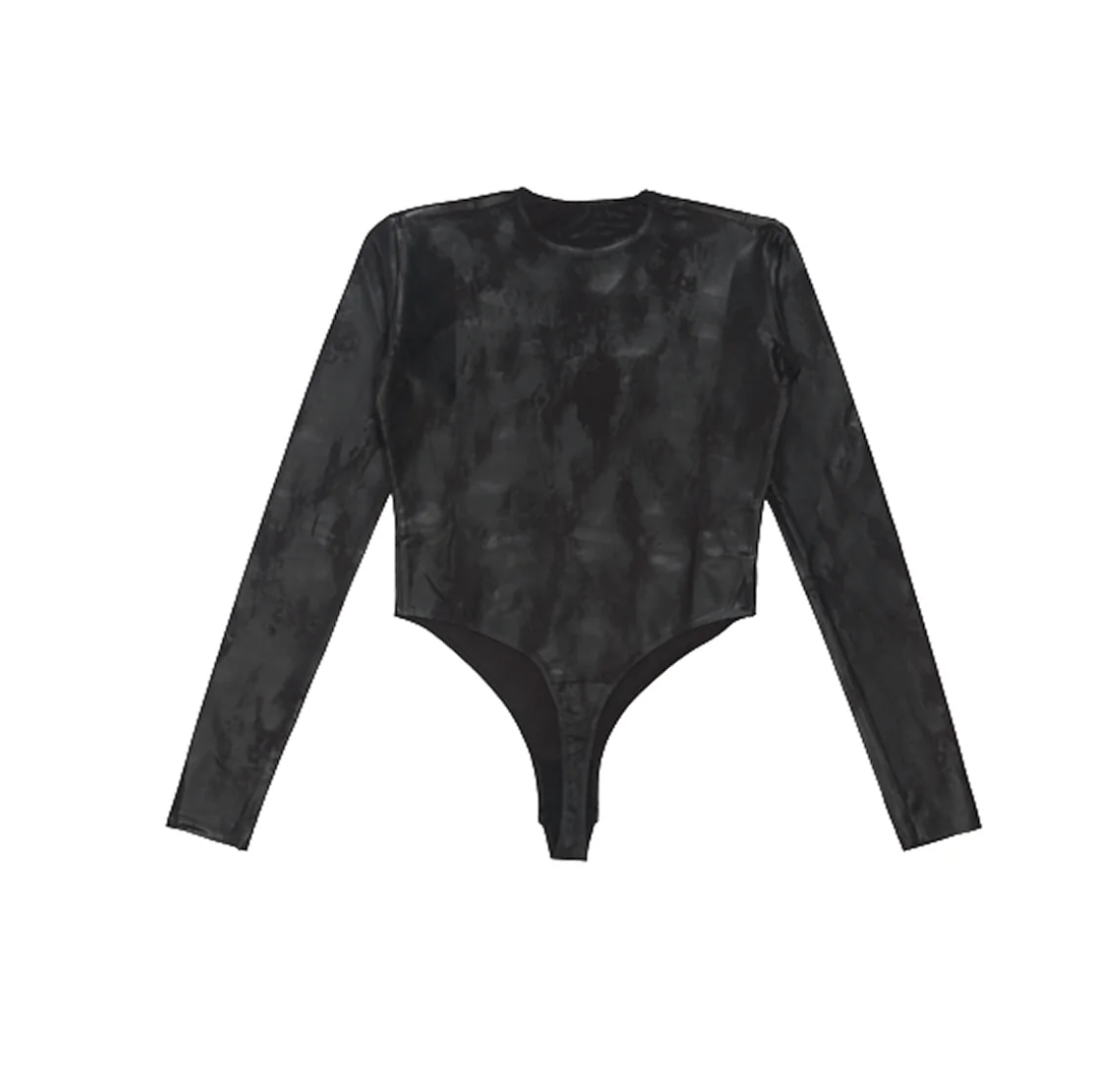 Black long-sleeve VIVET bodysuit with a high neckline and mottled waxed finish.
