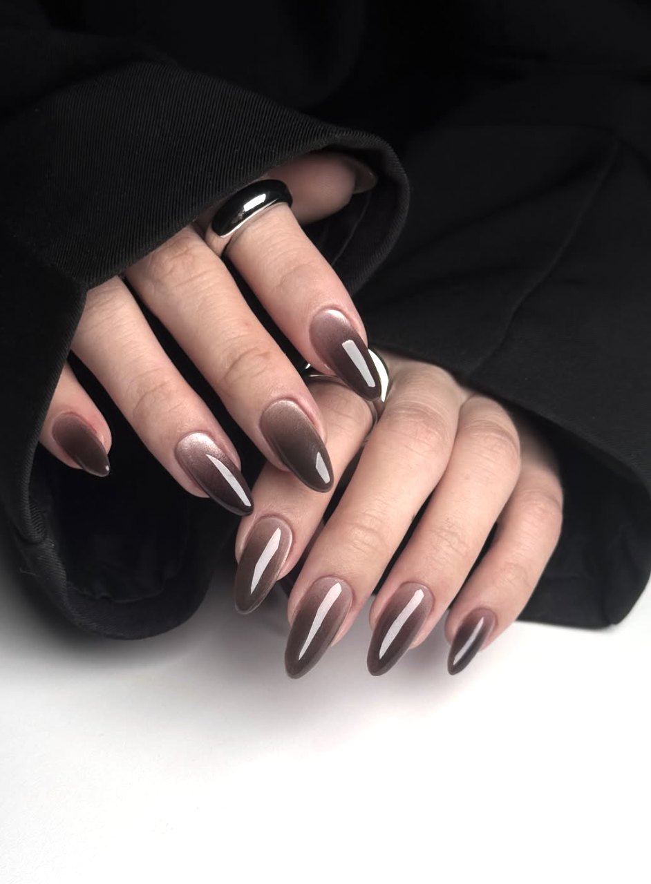 Long, almond-shaped nails showcasing a smooth gradient ombre effect that fades from a rich mocha brown at the base to a luminous, pearl-glazed shimmer at the tips.