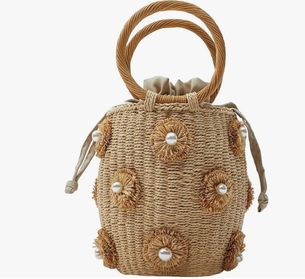 Woven natural straw bucket bag with pearl and shell detail women's summer handbag under $100