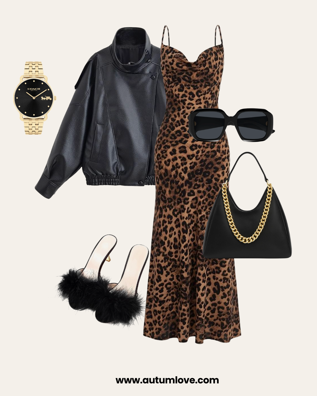 Graphic showing how to wear kitten heels with a leopard print midi slip dress, a black leather bomber jacket, black feather-trimmed kitten heel mules, and a gold watch.