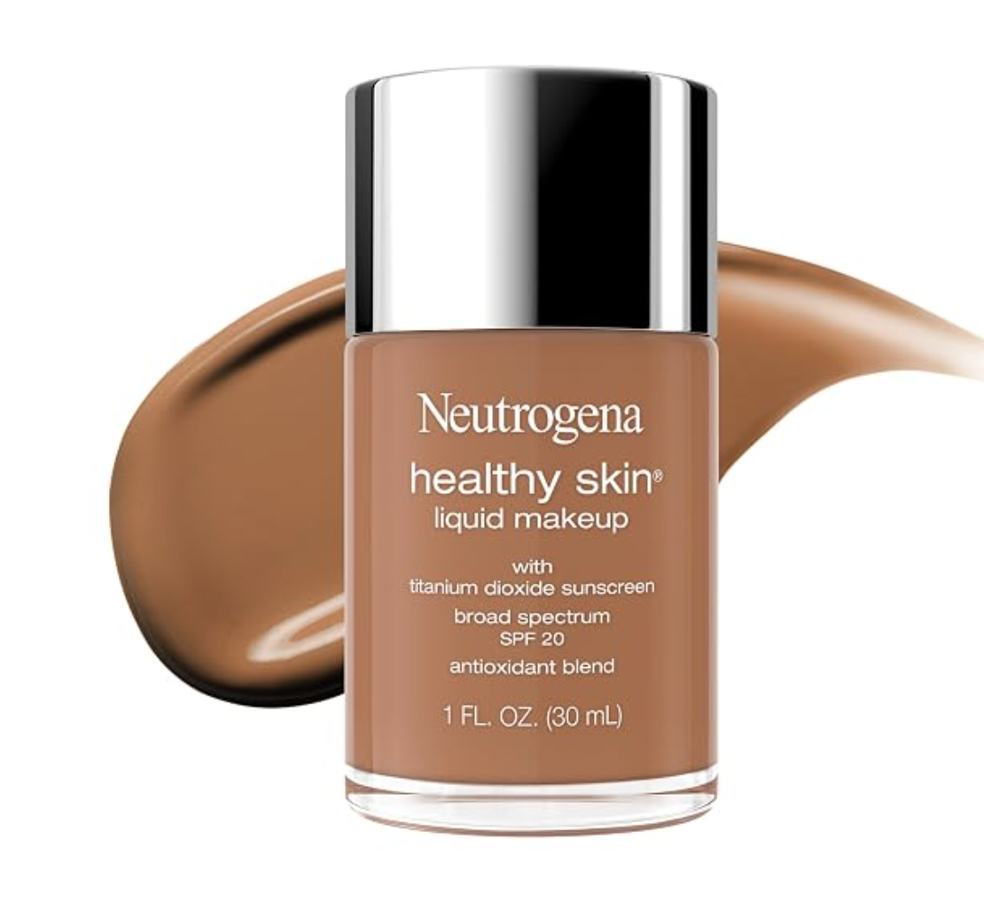 A front-facing product shot of a bottle of Neutrogena Healthy Skin Liquid Makeup with broad spectrum SPF 20 and an antioxidant blend, shown alongside a smooth liquid foundation swatch on a clean background.