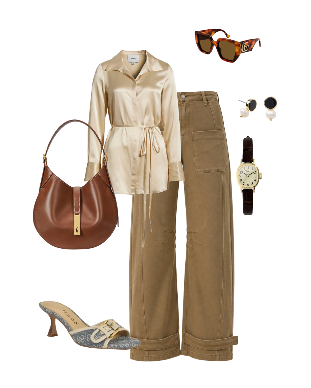Brown jeans with a silk blouse and pointed-toe heels