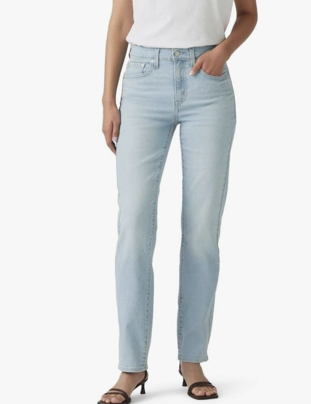Professional stylist's recommendation for Levi's 724 High Rise Straight Jeans in a light-wash denim, styled with a tucked-in white t-shirt for a classic, flattering silhouette.