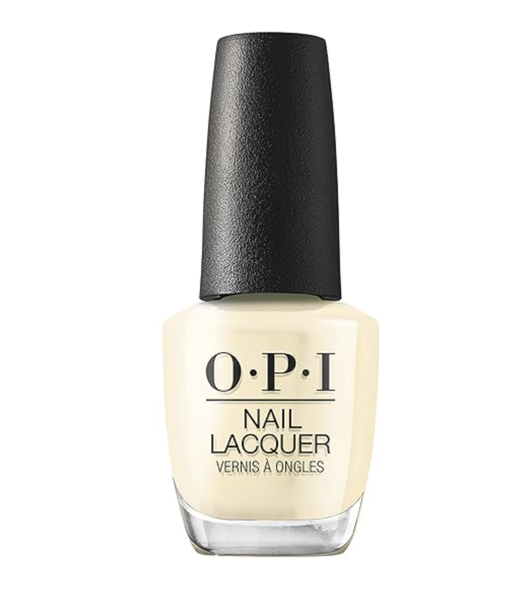 A bottle of OPI Bubble Bath nail polish, a classic sheer light pink shade with warm undertones.
