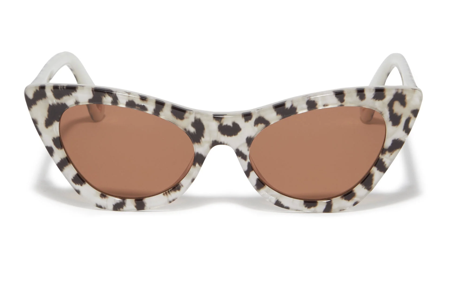 A pair of Lele Sadoughi cat-eye sunglasses with a speckled white and black tortoise-shell frame and brown lenses.