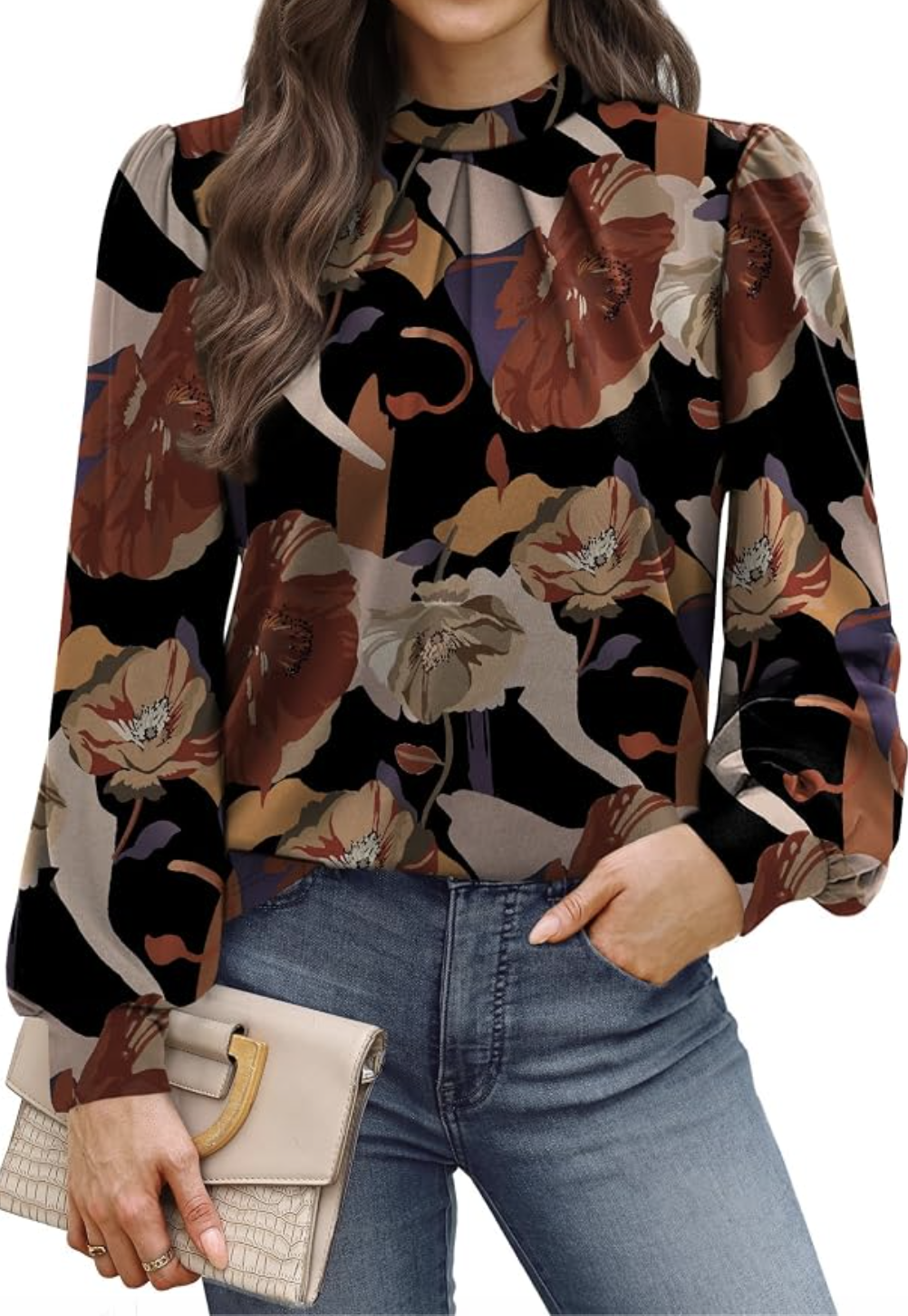 WIHOLL pleated mock-neck blouse styled for fall, featured in an Autum Love guide