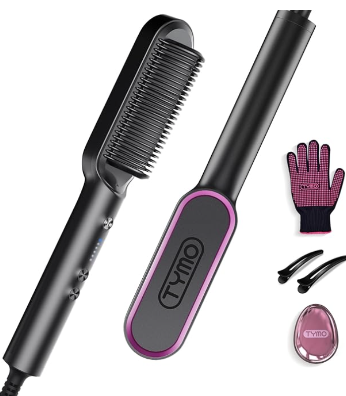 MiroPure Enhanced ionic hair straightener brush with digital temperature display and glove.
