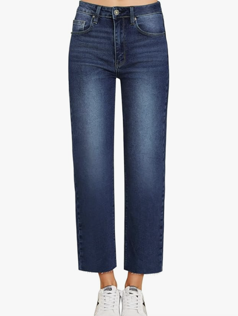 A studio product shot of a pair of dark-wash Cropped Straight Leg Jeans from Amazon, featuring a high-rise fit and clean hem.