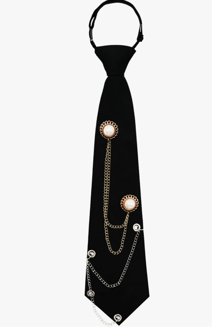 A slim black necktie featuring a silver metal chain and pearl accent, perfect for styling an edgy poetcore outfit.