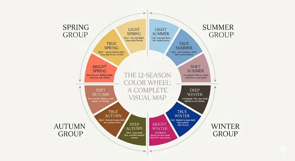 A comprehensive 12-season color analysis visual map illustrating the Spring, Summer, Autumn, and Winter families across a diverse range of skin tones.