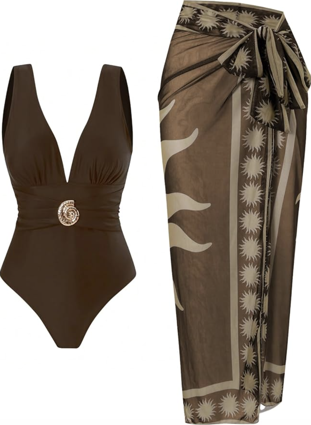 A deep espresso brown one-piece swimsuit featuring a plunging V-neckline, wide shoulder straps, and a decorative silver seashell buckle centered on a ruched waistband.
