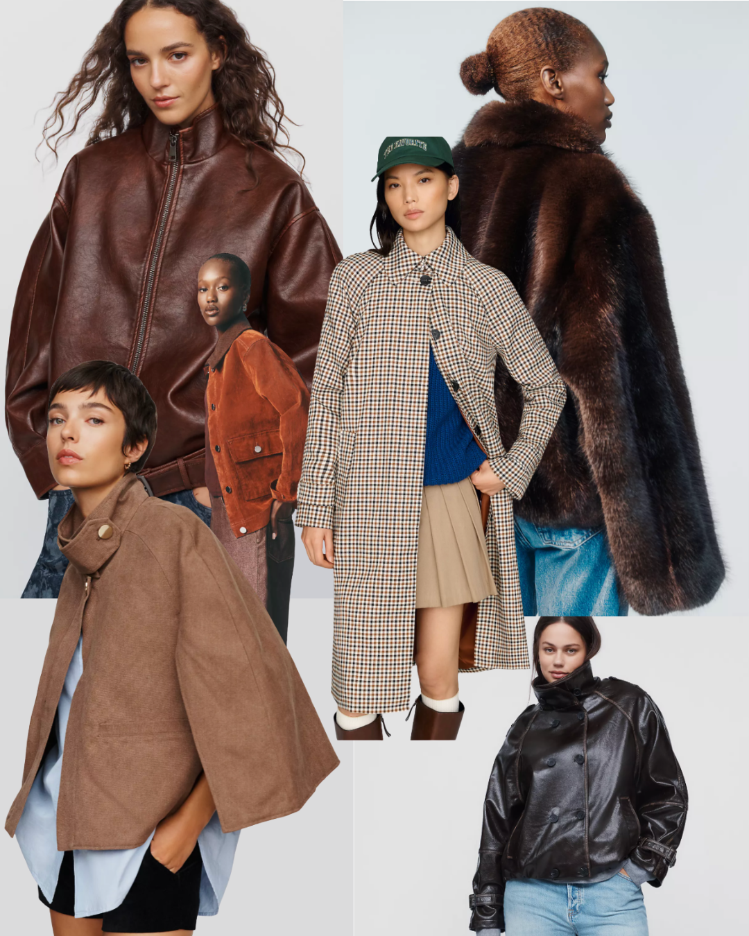 A collage of models wearing fall jackets from Anthropologie, including a brown faux-leather coat, a plaid trench coat, and a brown funnel-neck jacket.