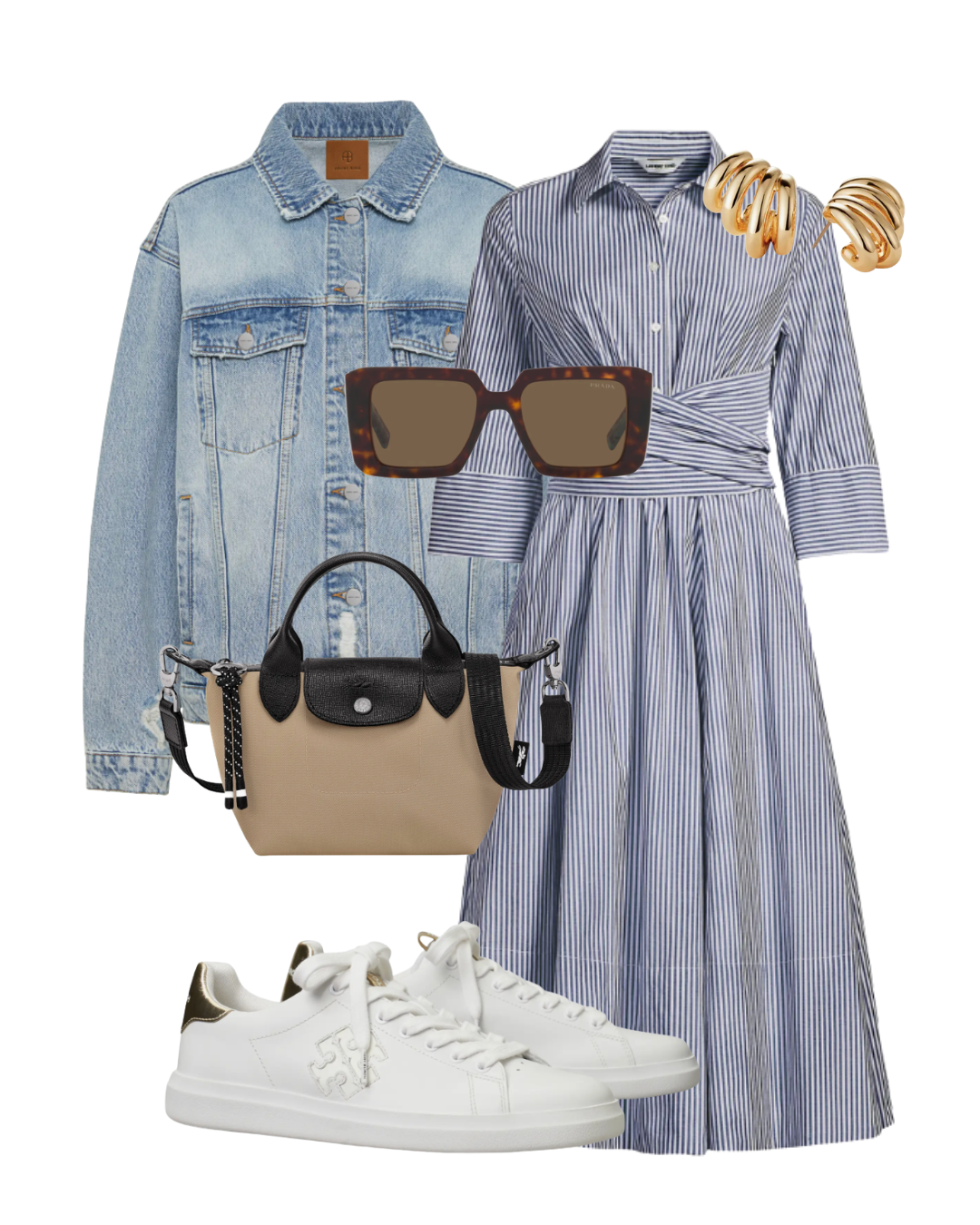 A midsize airport outfit formula featuring a blue and white striped midi wrap dress, a classic light wash denim jacket, white leather sneakers, a tan nylon crossbody bag, and oversized square sunglasses.