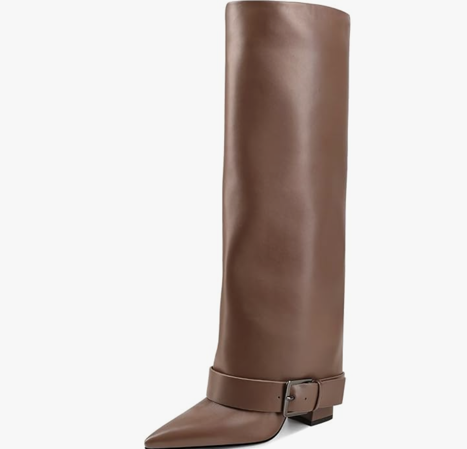 A pair of pro stylist-recommended brown fold-over chunky high-heel boots with a pointed toe and wide calf, styled as a sleek anchor for layered winter outfits.
