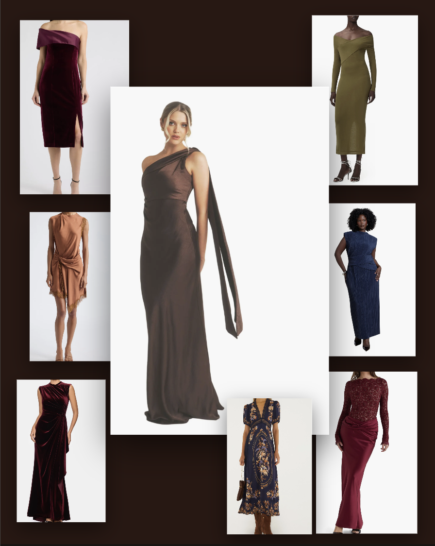 the chocolate Six Stories dress, wine Eliza J midi, chestnut A.L.C. dress and cabernet Yasmeen gown.