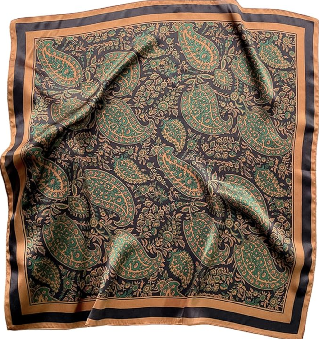 A close-up view of a large square satin scarf featuring a rich brown and black paisley print with a solid black border, styled as a waist accessory.
