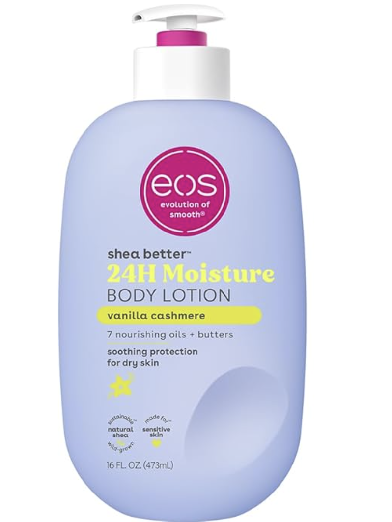 A 16 fl oz light purple pump bottle of eos Shea Better 24H Moisture Body Lotion in the Vanilla Cashmere scent, featuring yellow and white text on the label.