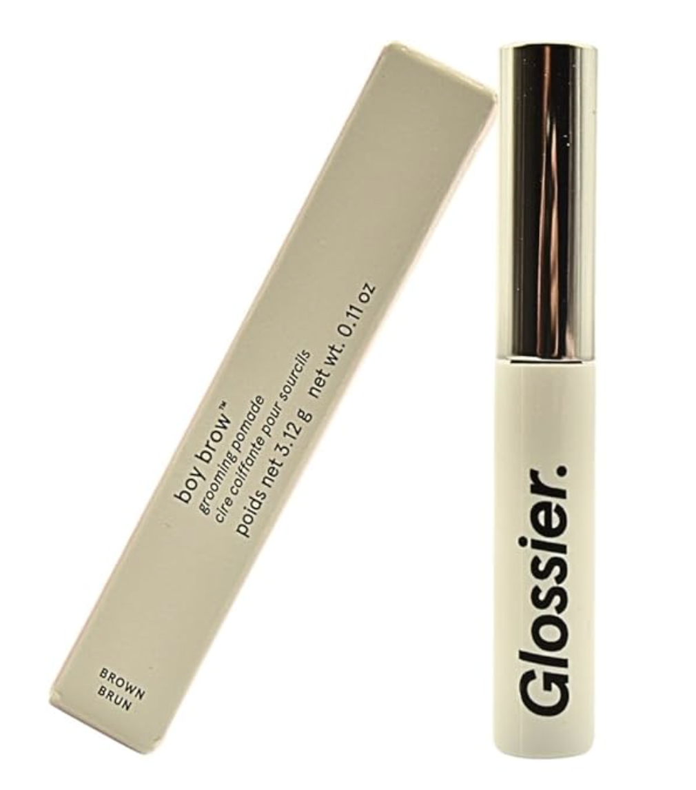 Glossier Boy Brow Volumizing Eyebrow Gel-Pomade in brown, a must-have product for the 'Sleepy-Girl Glam' bushy brow trend seen at NYFW 2026.