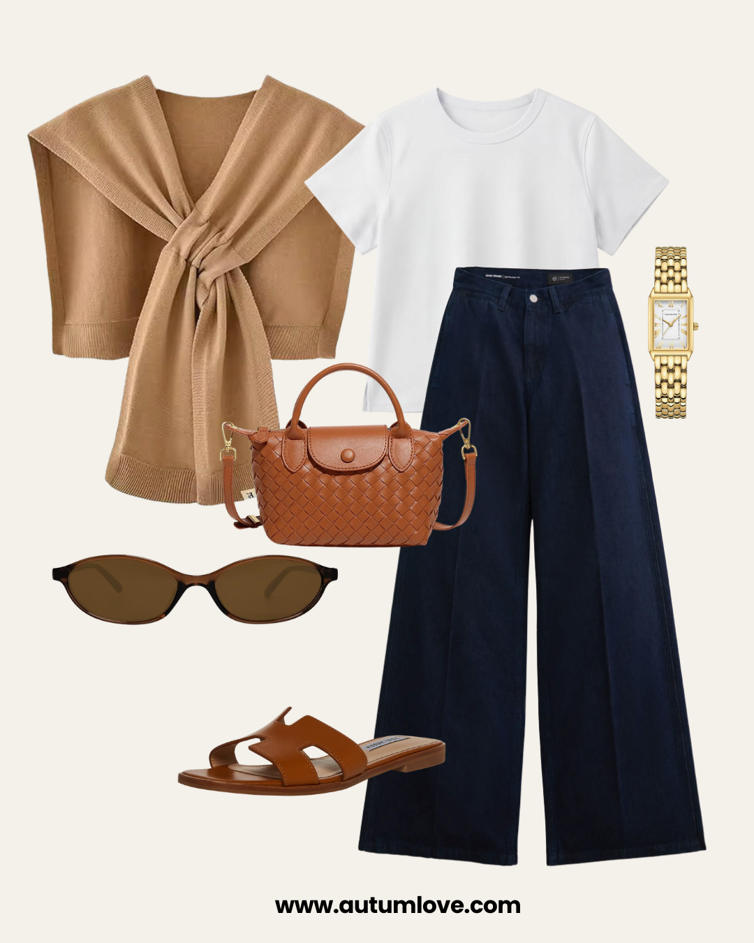 A style guide featuring a camel cardigan layered over a white t-shirt and dark high waist wide leg jeans, paired with a brown leather bag and slides.