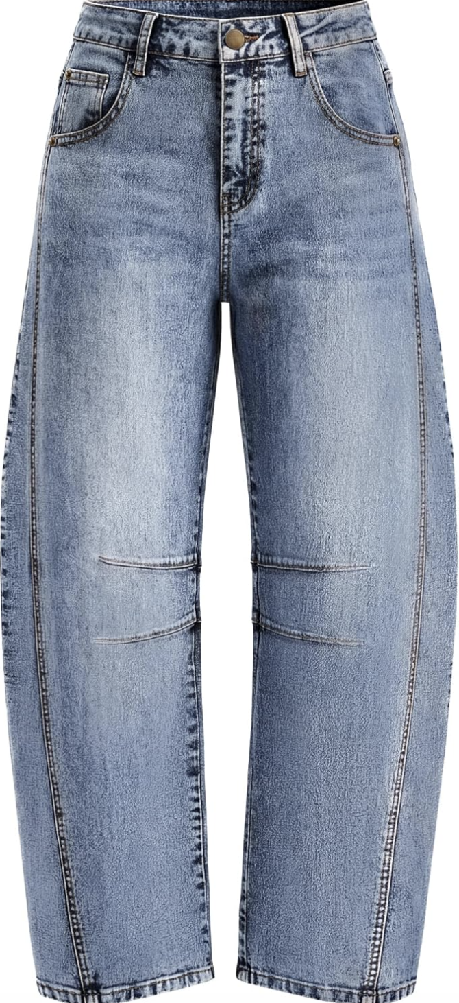 A front view of the ZESICA high-waisted barrel jeans in a mid-blue wash, featuring a structural wide-leg silhouette and tapered ankle, styled as a trend-forward spring staple.