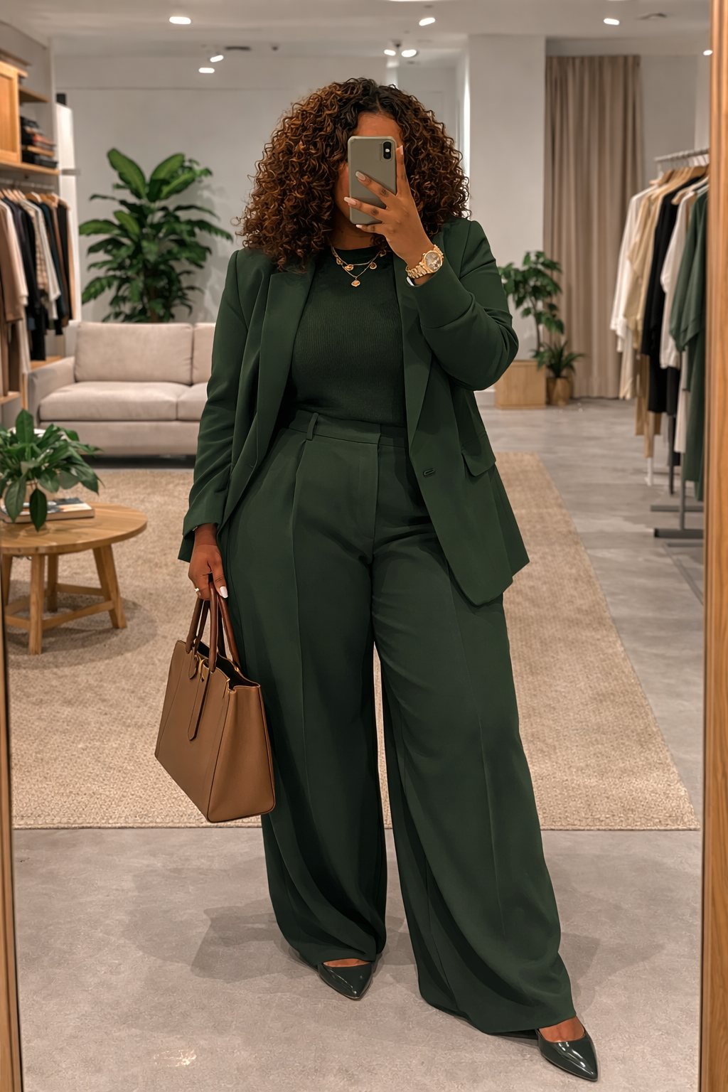 A woman wearing a dark forest green monochrome power suit with wide-leg trousers, styled with a structured tan leather tote bag and black pointed-toe heels.