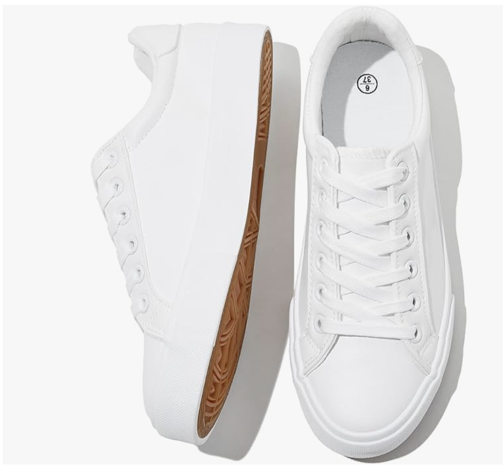 Side and top view of a pair of clean white low-top platform sneakers with matching white laces and a textured gum brown rubber sole.