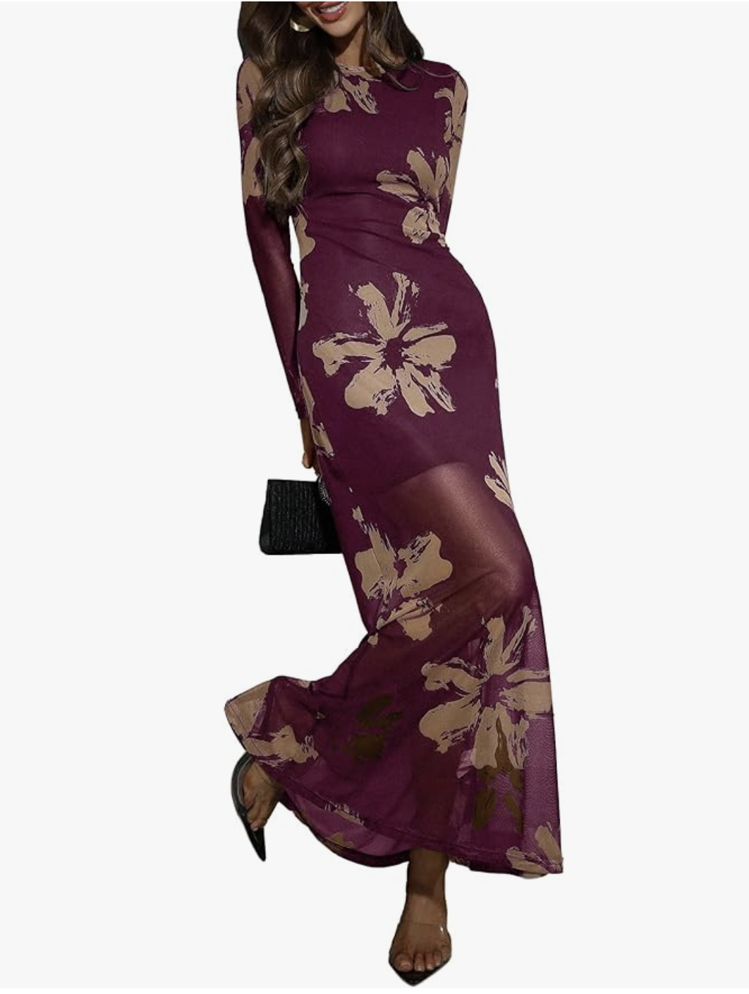 Professional traveler's pick: the Sovere Florence Mesh Dress in a deep plum purple with a large floral pattern, styled as a wrinkle-free evening look for spring break.