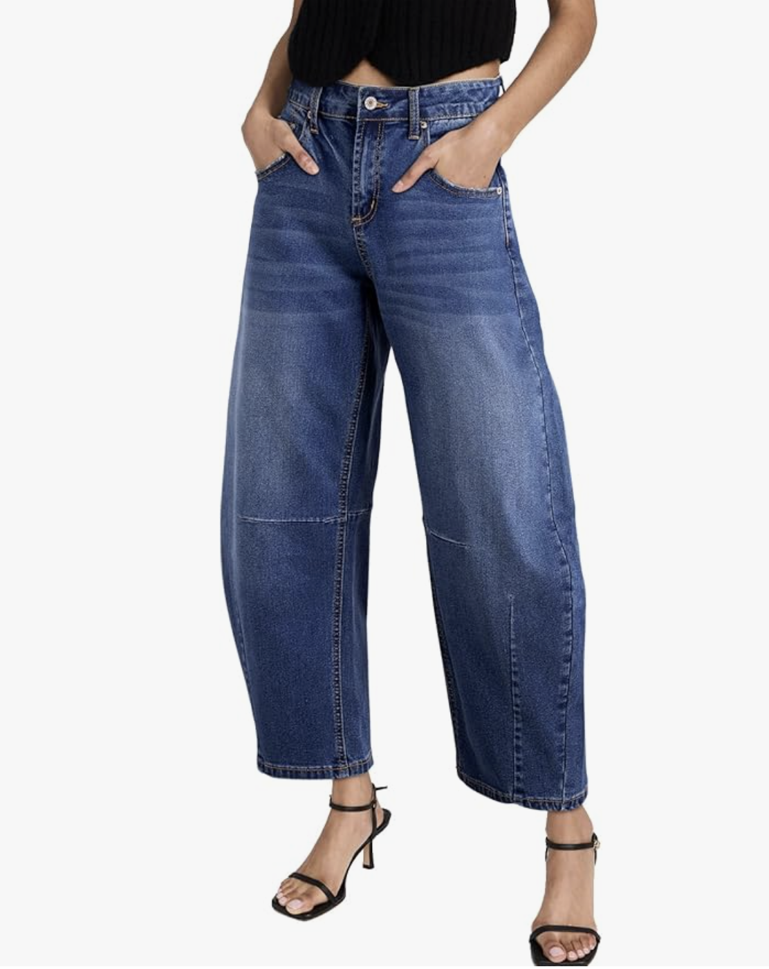 Model wearing Sidefeel Barrel Jeans in a medium wash, showcasing the curved architectural silhouette that creates the illusion of hips for a rectangle or athletic body shape.