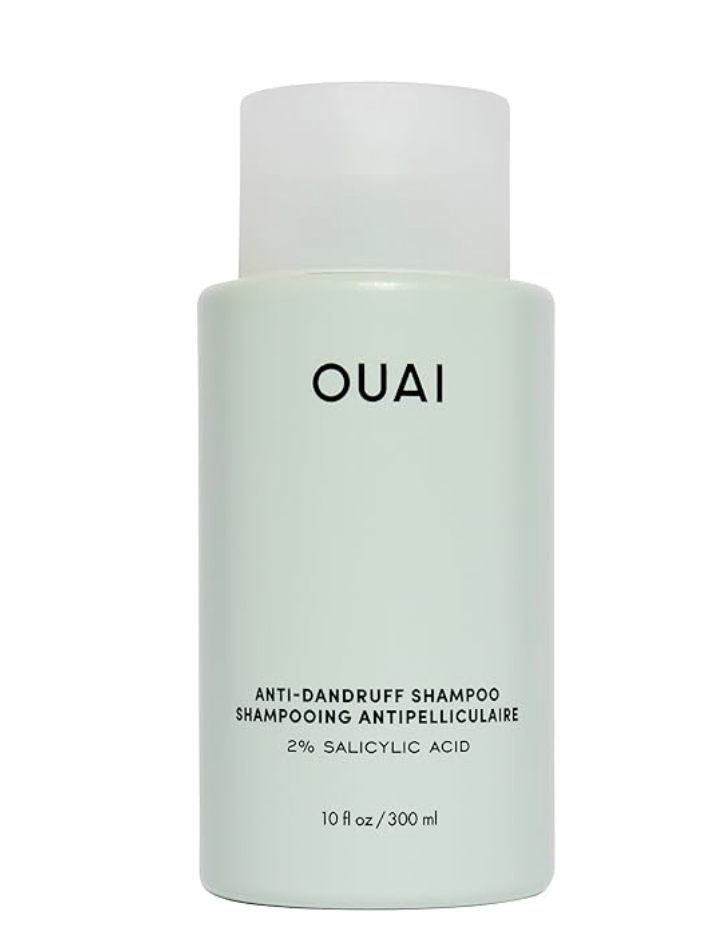 A bottle of OUAI Anti-Dandruff Shampoo containing 2% Salicylic Acid for gentle scalp exfoliation and dandruff relief.