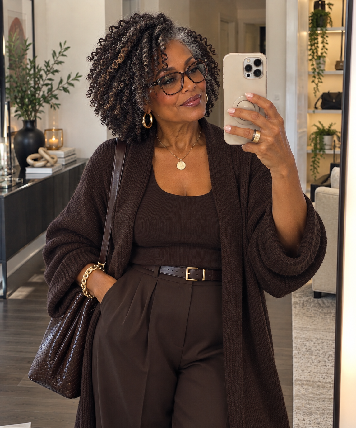 Woman over 65 wearing a side-parted twist-out bob with gray highlights and defined curls.