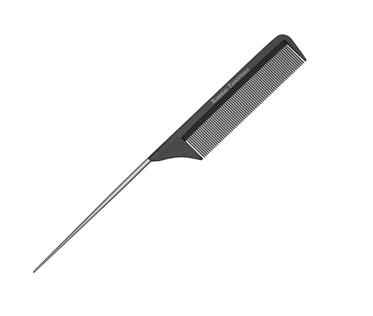 A close-up of a silver rat tail comb cleanly sectioning hair on a white background.