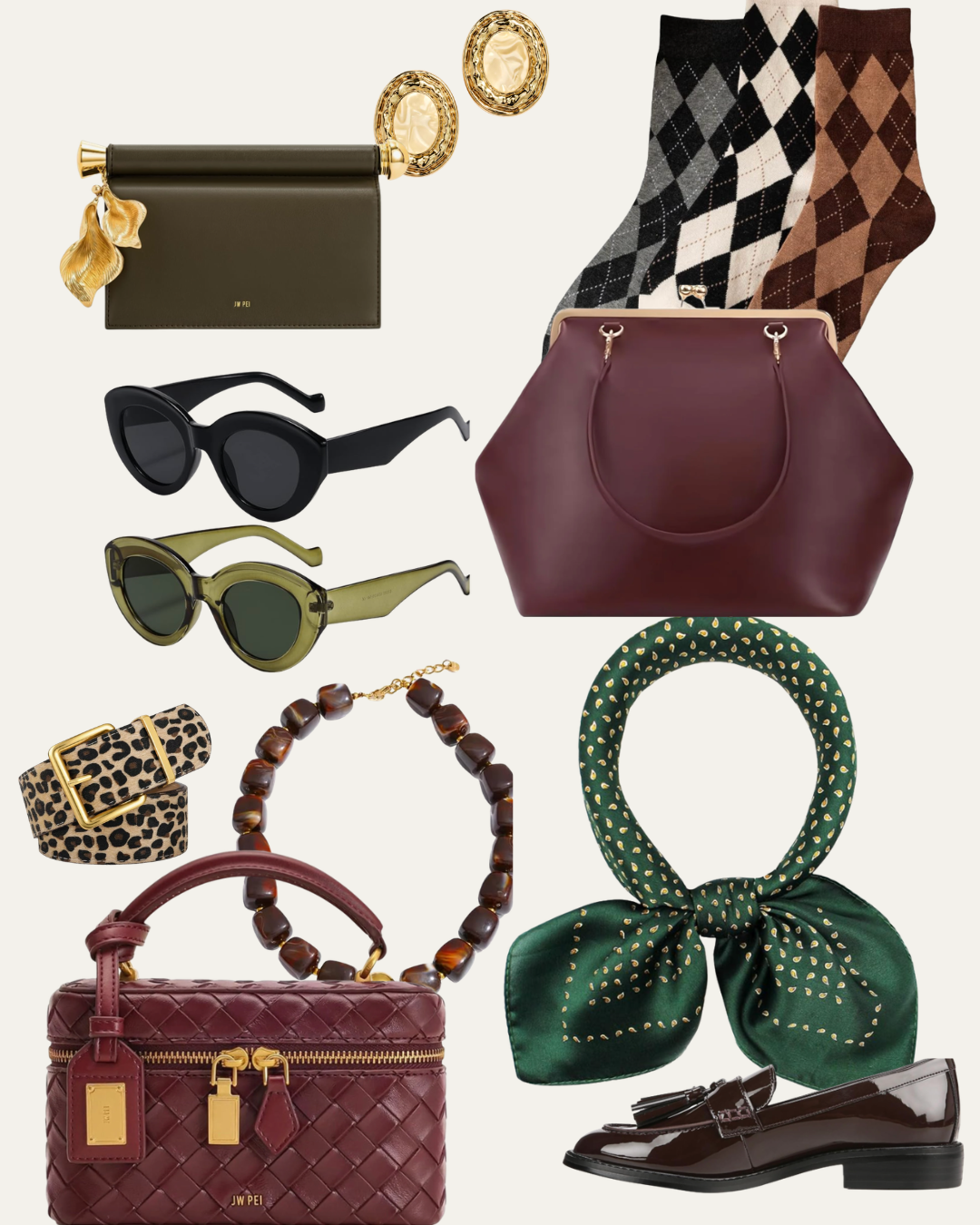 Burgundy handbags, brown belts, gold earrings, loafers and a green scarf arranged as elevated fall fashion accessories.