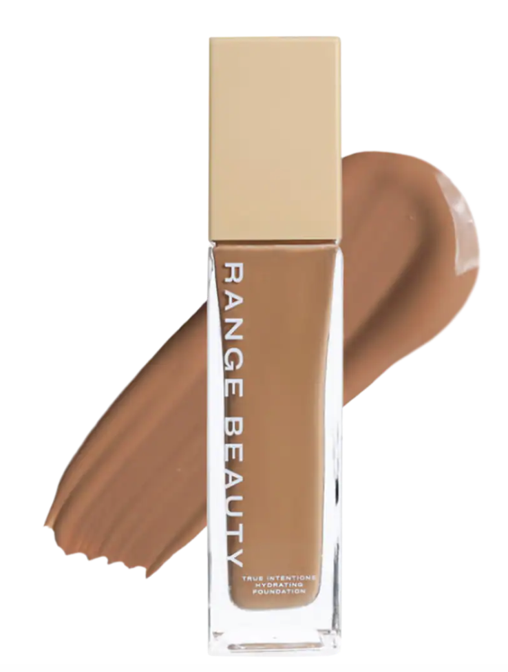 Range Beauty True Intentions Skin-Soothing Hydrating Foundation bottle showing a creamy, rich brown swatch for deep skin tones on a white background.