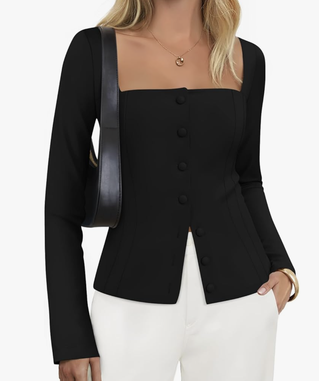 A studio product shot of a woman modeling a black Square Neck Blazer from Amazon, featuring a unique open neckline and front button closure, styled with white trousers.