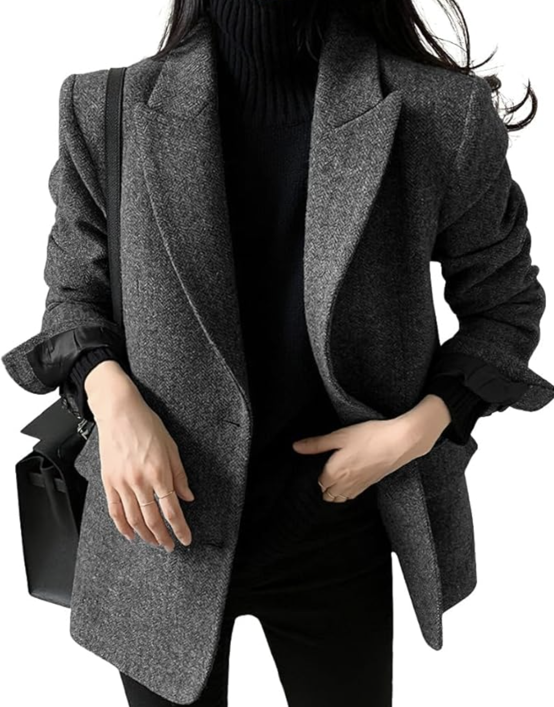 Professional style hack: the chouyatou Wool Blend Single Breasted Blazer in a textured charcoal grey, offering a high-quality oversized fit that mimics luxury tailoring for an expensive look.