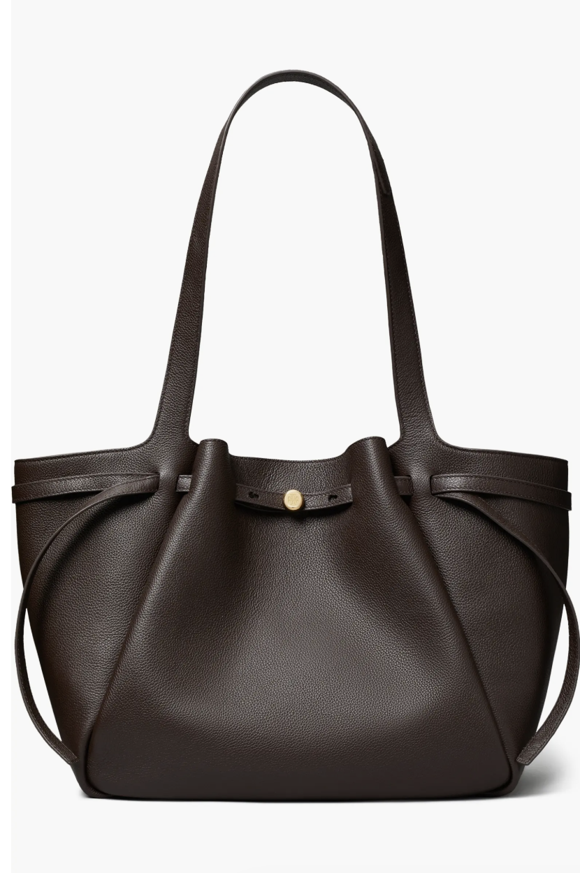 A deep chocolate brown Tory Burch Romy Leather Tote featuring a slouchy, structured silhouette and minimal hardware.