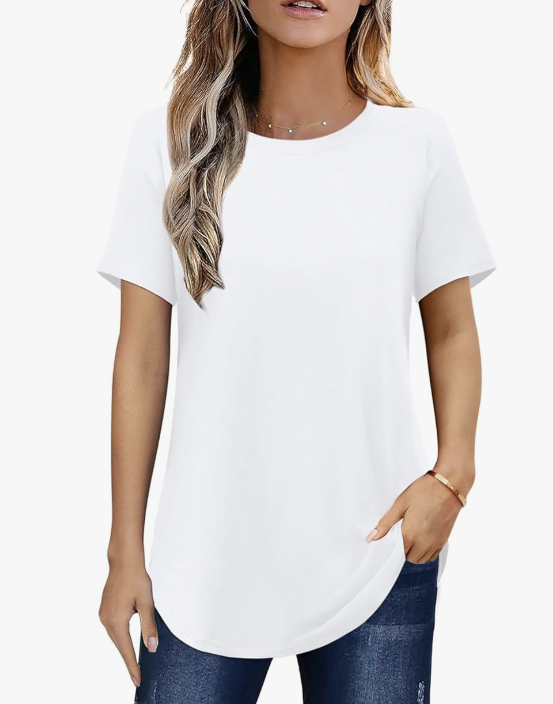 A pro stylist-recommended white casual crew neck t-shirt with a curved hem, styled for layering under sweaters or as a crisp base layer.