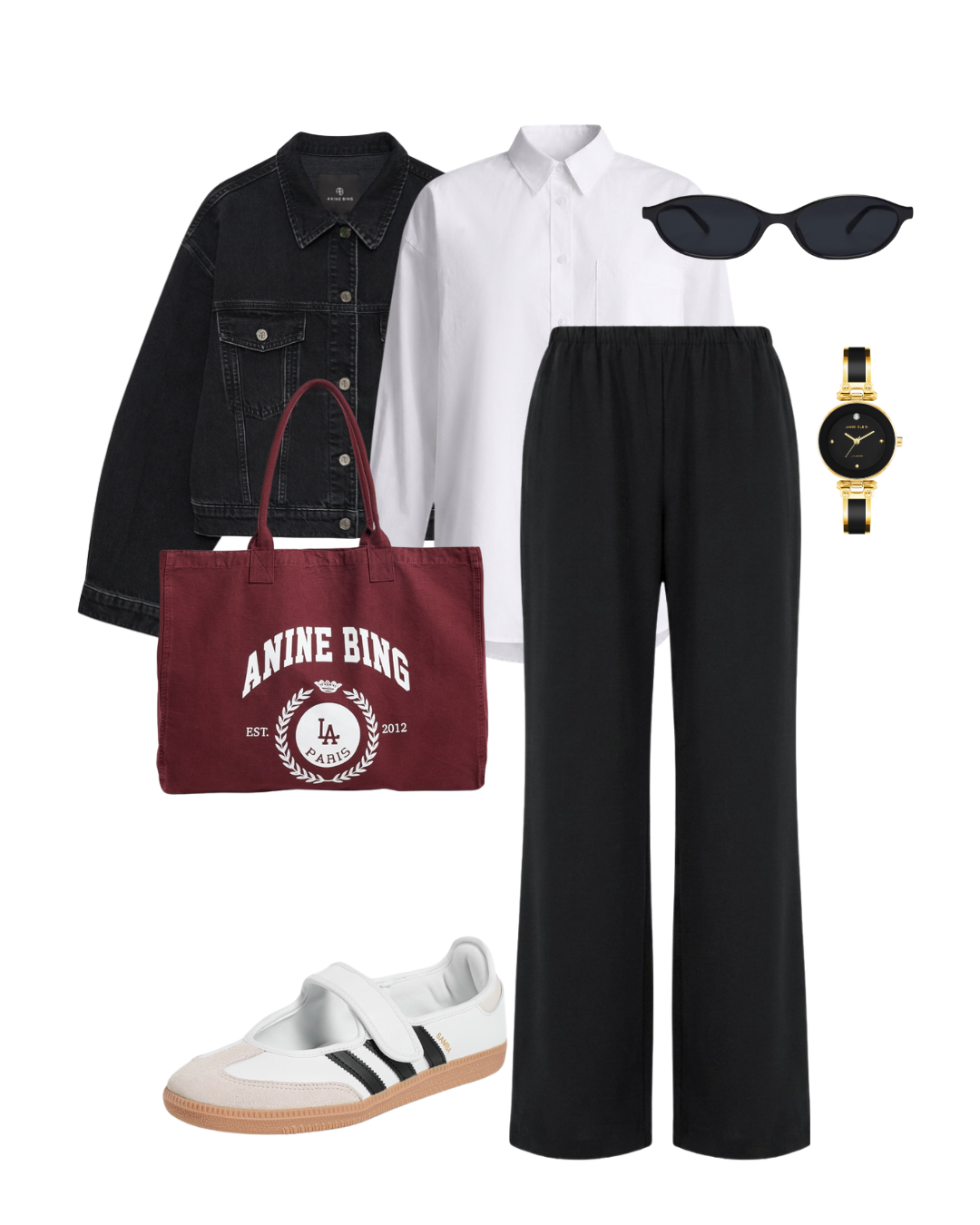 Flat lay outfit grid featuring a black denim jacket, white button-down shirt, black wide-leg trousers, burgundy graphic tote bag, white low-top sneakers, sunglasses, and a watch.