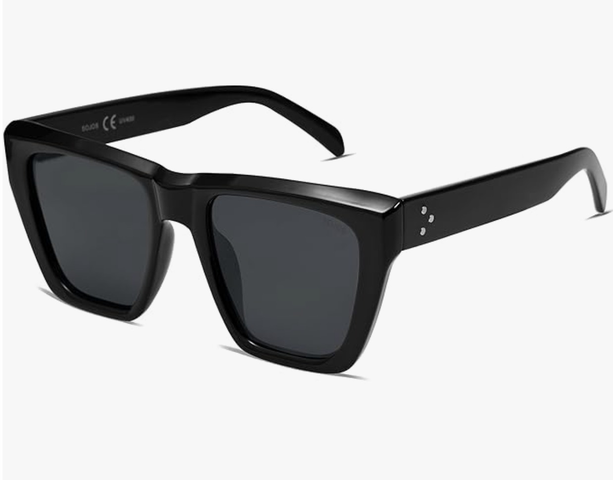 A pair of black oversized square-frame polarized sunglasses with gold hinge accents, styled as a chic and protective accessory for a woman's spring capsule wardrobe.