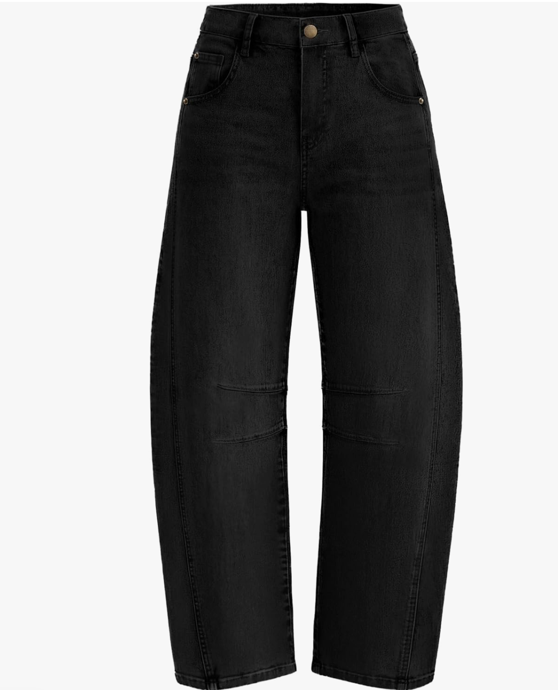 A pair of high-waisted barrel jeans in a faded black wash, featuring a curved architectural leg shape and a classic gold button closure, styled for a modern spring capsule wardrobe.