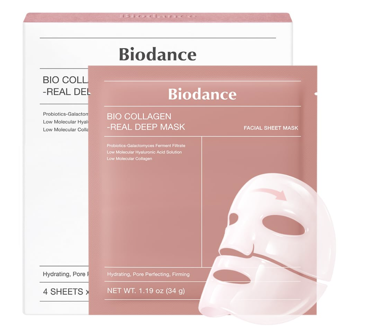 BIODANCE Bio-Collagen Real Deep Mask box and pink sheet mask packet with a translucent hydrogel face mask.